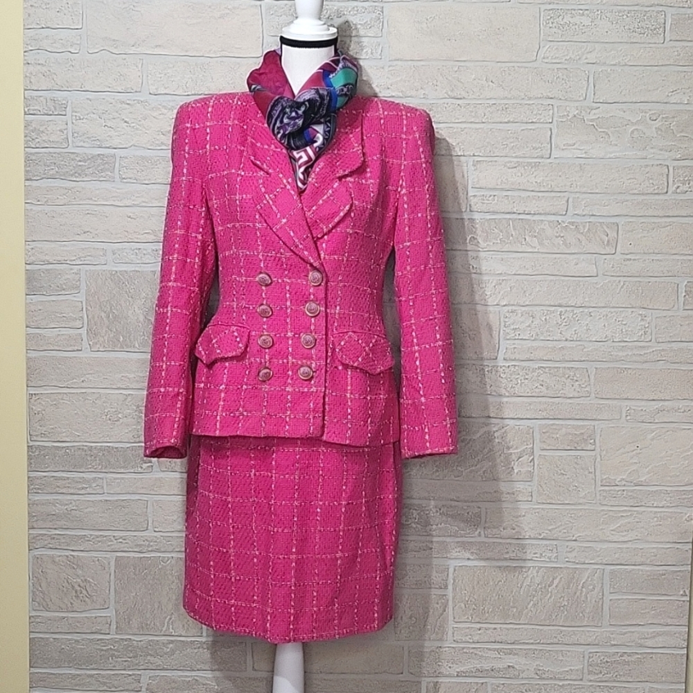 RINA ROSSI VTG PINK WINDOWPANE TWEED SKIRT SET Double Breasted
